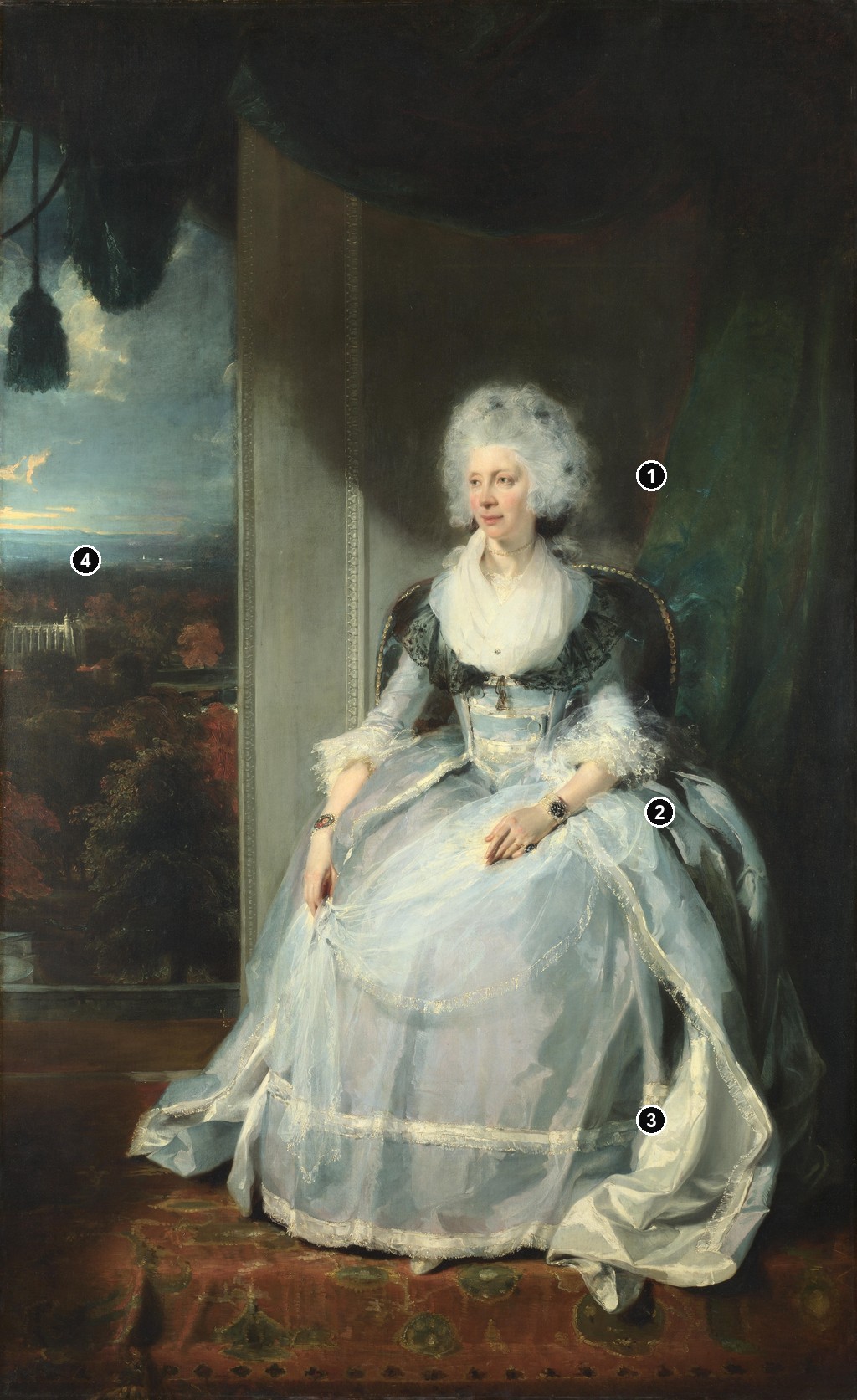 Annotated details from Queen Charlotte by Thomas Lawrence